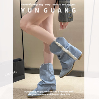 Yunguang Giày Bốt Cao Bồi Mũi Nhọn Gót Dày Cỡ Lớn Phối Tua Rua Thời Trang Cho Nữ