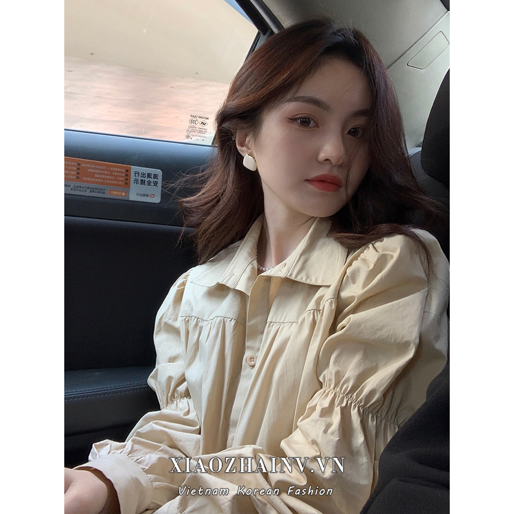 Xiaozhaniv Áo Sơ Mi Dài Tay Dáng Rộng Cổ polo Màu Trơn Kiểu Pháp Cho Nữ