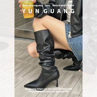 Giày bốt da cao gót mũi nhọn xếp ly phong cách retro cho nữ