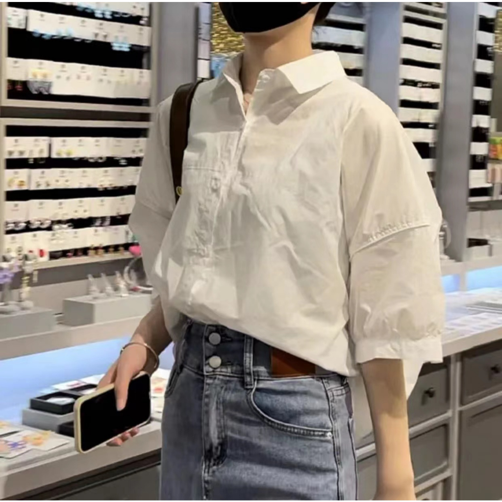 Áo Sơ Mi Tay Lửng Dáng Rộng Màu Sắc Đơn Giản Thời Trang Cho Nữ