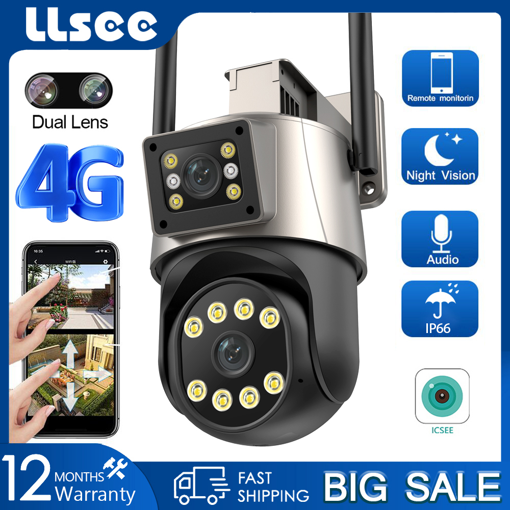 LLSEE ICSEE 4G SIM Card Camera 2 mắt ngoài trời, 8MP 4K Home Monitor Kết nối không dây Điện thoại di động Điều khiển từ xa 360 độ xoay, ống kính kép, tầm nhìn ban đêm đầy màu sắc, cuộc gọi hai chiều, theo dõi di động,