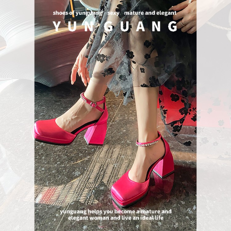 Xăng đan Cao Gót Một Bên Mũi Vuông Bằng Da Bóng Đế Dày Hở Ngón Có Khóa Cài Cho Nữ yunguang