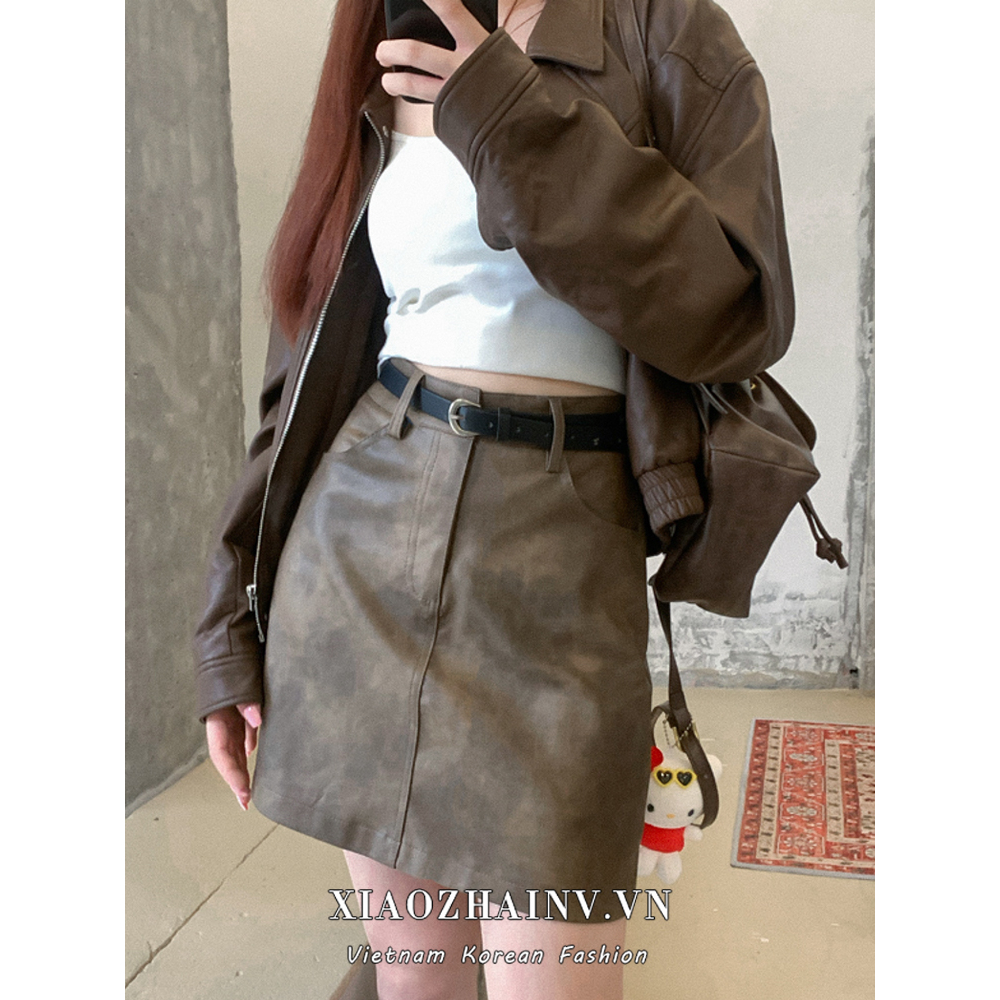 Xiaozhainv Chân Váy Da pu mini Lưng Cao Phong Cách retro Mỹ Cho Nữ