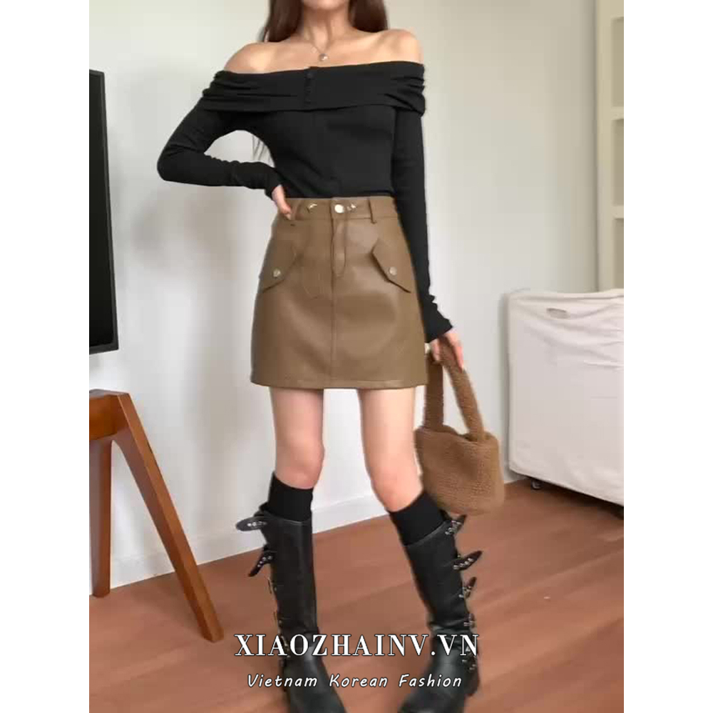 Xiaozhainv Chân Váy Da pu mini Lưng Cao Phối Dây Rút Thời Trang retro Hàn Quốc Dành Cho Nữ