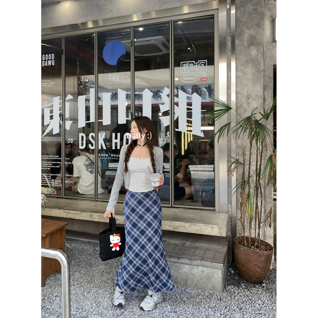 Set Áo cardigan Tay Dài + Áo camisole + Chân Váy Đuôi Cá Lưng Cao Kẻ Sọc