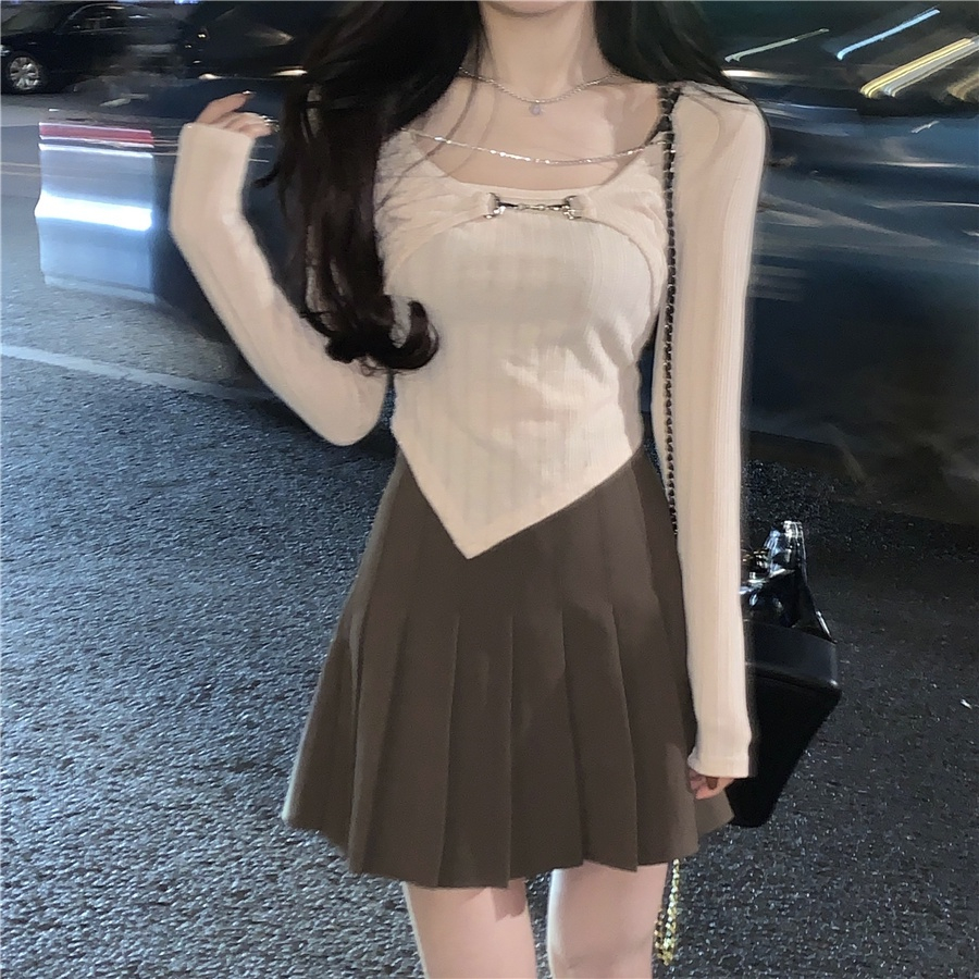 Áo thun vải dệt kim tay dài phối dây xích cá tính trẻ trung cho bạn gái