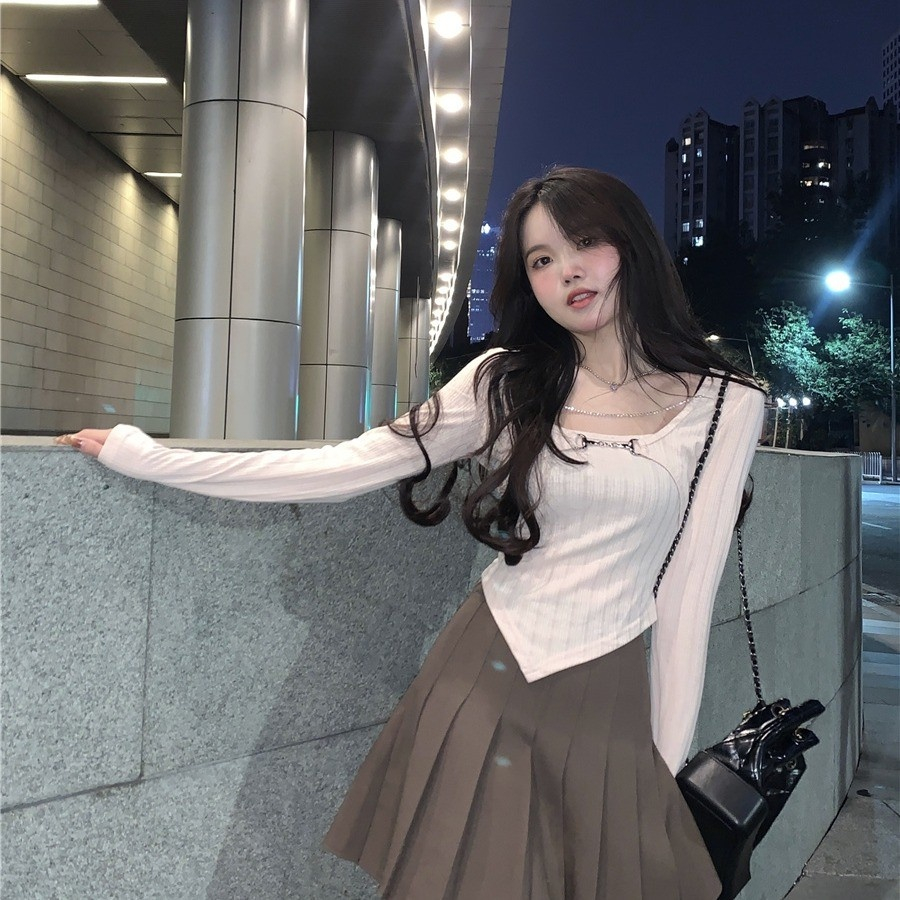 Áo thun vải dệt kim tay dài phối dây xích cá tính trẻ trung cho bạn gái