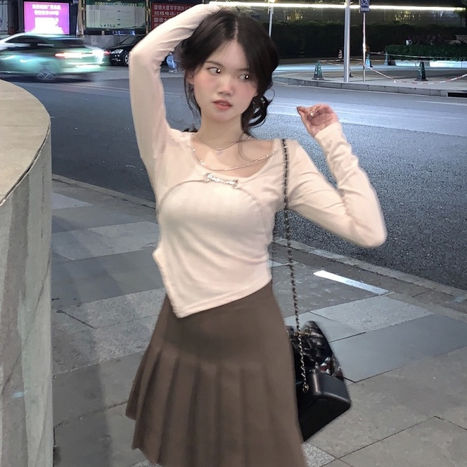 Áo thun vải dệt kim tay dài phối dây xích cá tính trẻ trung cho bạn gái