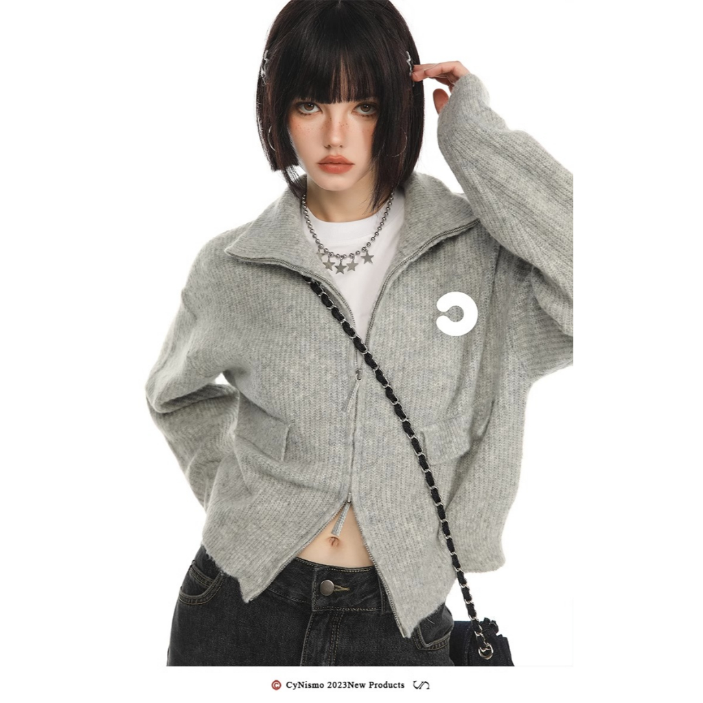 Áo Khoác cardigan Dệt Kim Phối Khóa Kéo Thêu Họa Tiết Phong Cách retro Mỹ