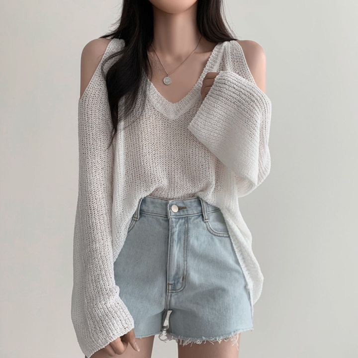 Áo sweatshirt XINLANYASHE tay dài trễ vai cổ chữ V dáng rộng phong cách ngọt ngào thời trang chống nắng