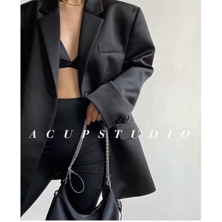 Đen Áo Khoác blazer Chất satin Bóng Thời Trang Mùa Thu 2023 Cho Nữ