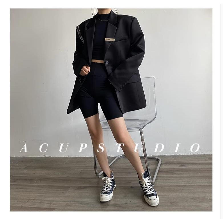 Đen Áo Khoác blazer Chất satin Bóng Thời Trang Mùa Thu 2023 Cho Nữ