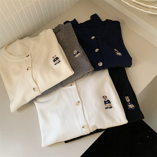 Thời Trang Thu Đông Retro Gấu Thêu Dài Tay Dệt Kim Cardigan Nữ Mỏng Rời Cổ Tròn Top