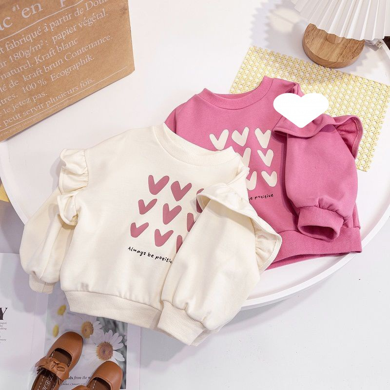 Mùa xuân mới dễ thương ngọt ngào họa tiết tình yêu in họa tiết áo len dài tay bé gái