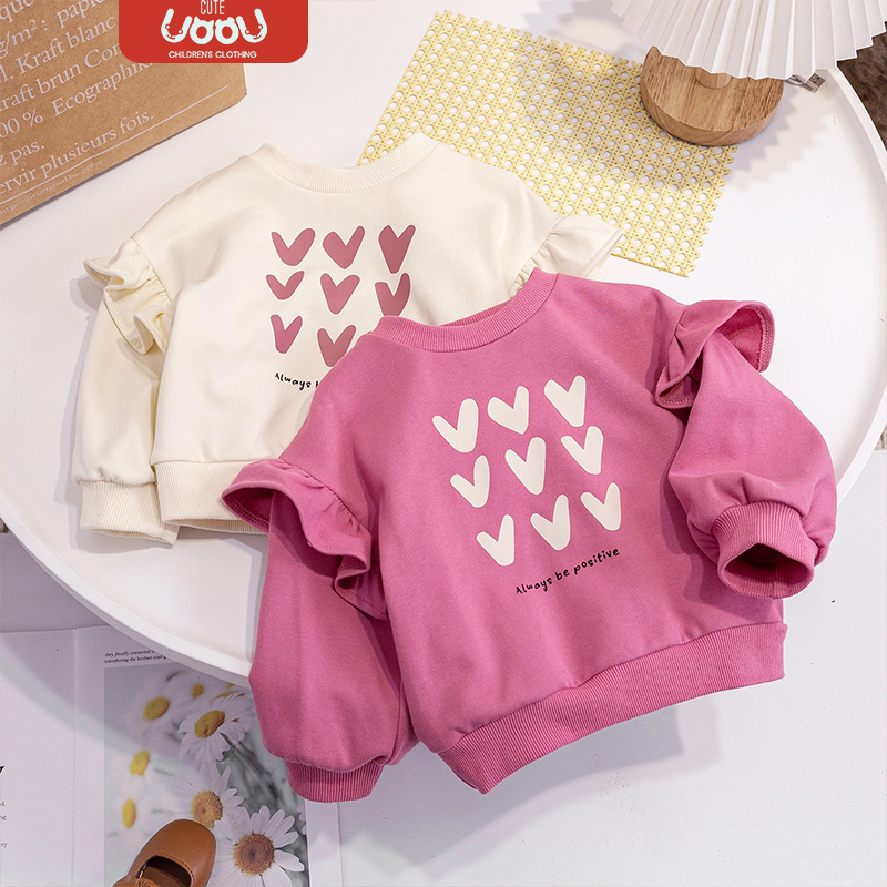 Mùa xuân mới dễ thương ngọt ngào họa tiết tình yêu in họa tiết áo len dài tay bé gái