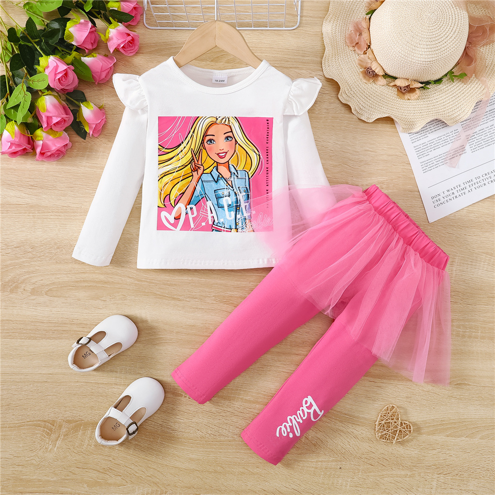 1-6years kids baby girl barbie bộ quần áo mẫu barbie in áo dài tay + váy pant mùa thu trang phục 2 cái đáng yêu