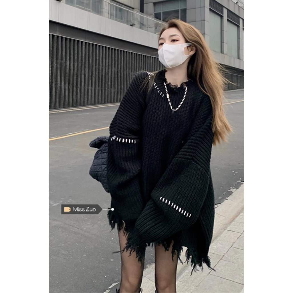 QKOOLE Áo sweater Dệt Kim Cổ Cao Màu Đen Phong Cách Nhật Bản Thời Trang Và Thư Giãn Dành Cho Bạn Nữ
