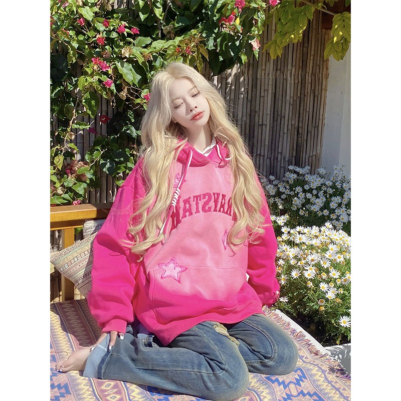 Áo Khoác Hoodie áo len dài tay Thêu Hình Trái Cây Rồng / Ngôi Sao Màu Hồng gradient Đường Phố Mỹ Ngọt Ngào Thời Trang Thu Đông Cho Nữ