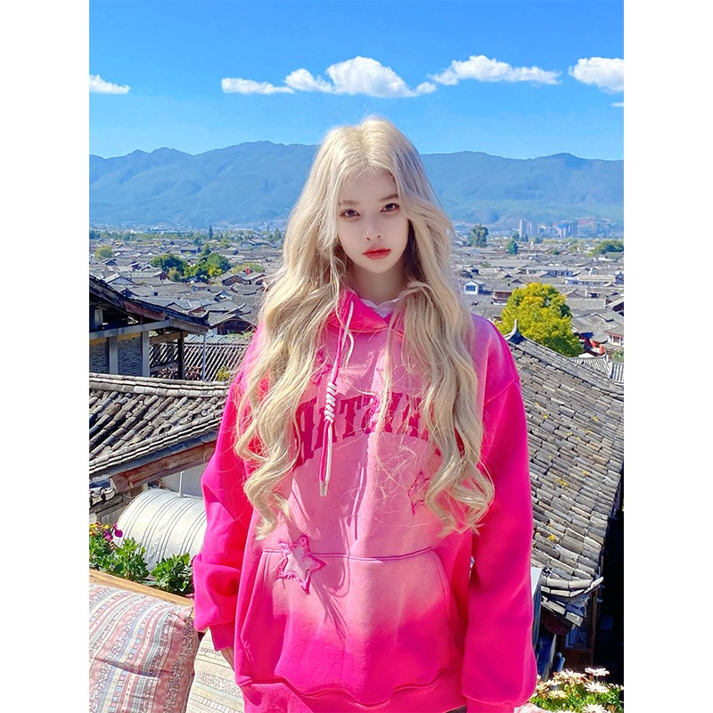 Áo Khoác Hoodie áo len dài tay Thêu Hình Trái Cây Rồng / Ngôi Sao Màu Hồng gradient Đường Phố Mỹ Ngọt Ngào Thời Trang Thu Đông Cho Nữ