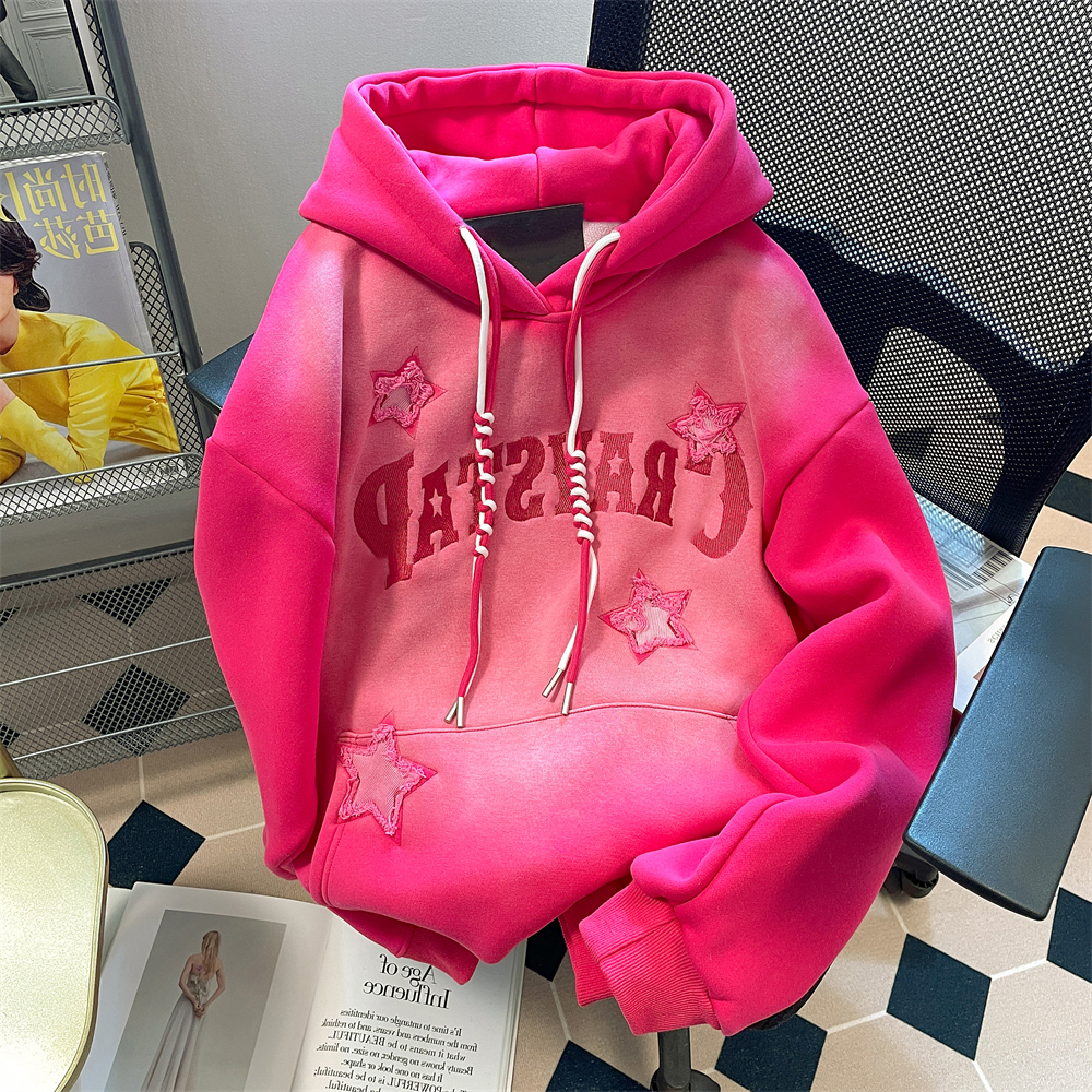 Áo Khoác Hoodie áo len dài tay Thêu Hình Trái Cây Rồng / Ngôi Sao Màu Hồng gradient Đường Phố Mỹ Ngọt Ngào Thời Trang Thu Đông Cho Nữ