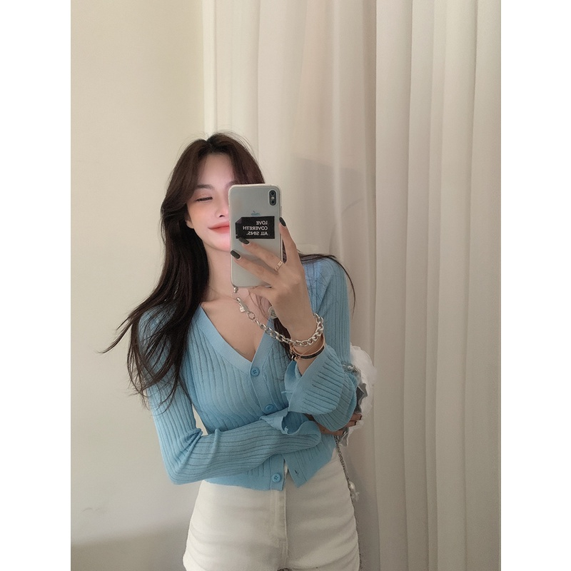 Bottom shirt new women's short white knitted jacket thin section long-sleeved cardigan women's clothing