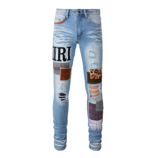 AMIRI High Street Fashion Men Jeans Vintage Light Blue Tight Printing Patching Technology High Quality Trendy Men Jeans