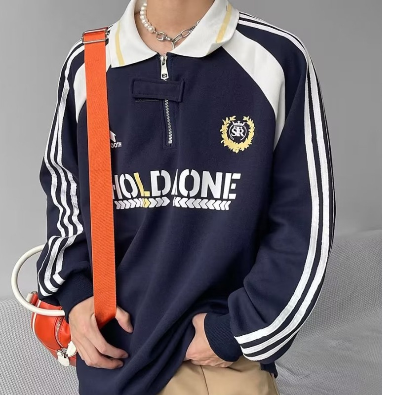 Áo Thun polo Dài Tay Form Rộng Họa Tiết Sọc Tương Phản Phong Cách Đại Học Mỹ Cho Nam