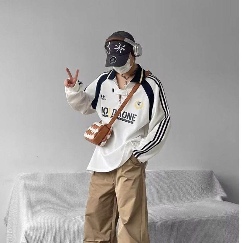 Áo Thun polo Dài Tay Form Rộng Họa Tiết Sọc Tương Phản Phong Cách Đại Học Mỹ Cho Nam