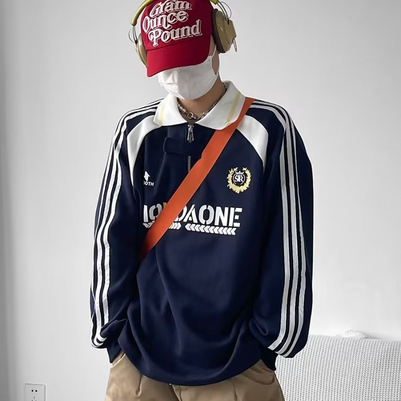 Áo Thun polo Dài Tay Form Rộng Họa Tiết Sọc Tương Phản Phong Cách Đại Học Mỹ Cho Nam