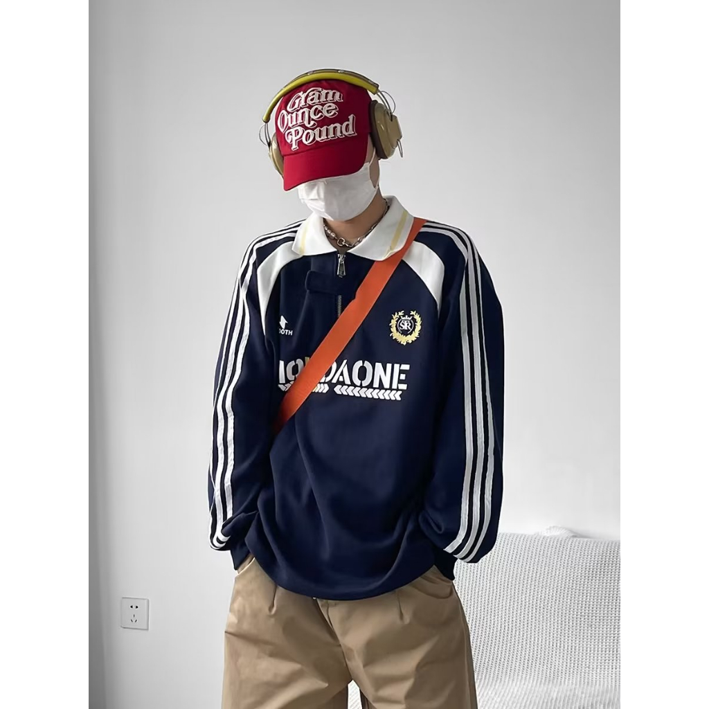 Áo Thun polo Dài Tay Form Rộng Họa Tiết Sọc Tương Phản Phong Cách Đại Học Mỹ Cho Nam