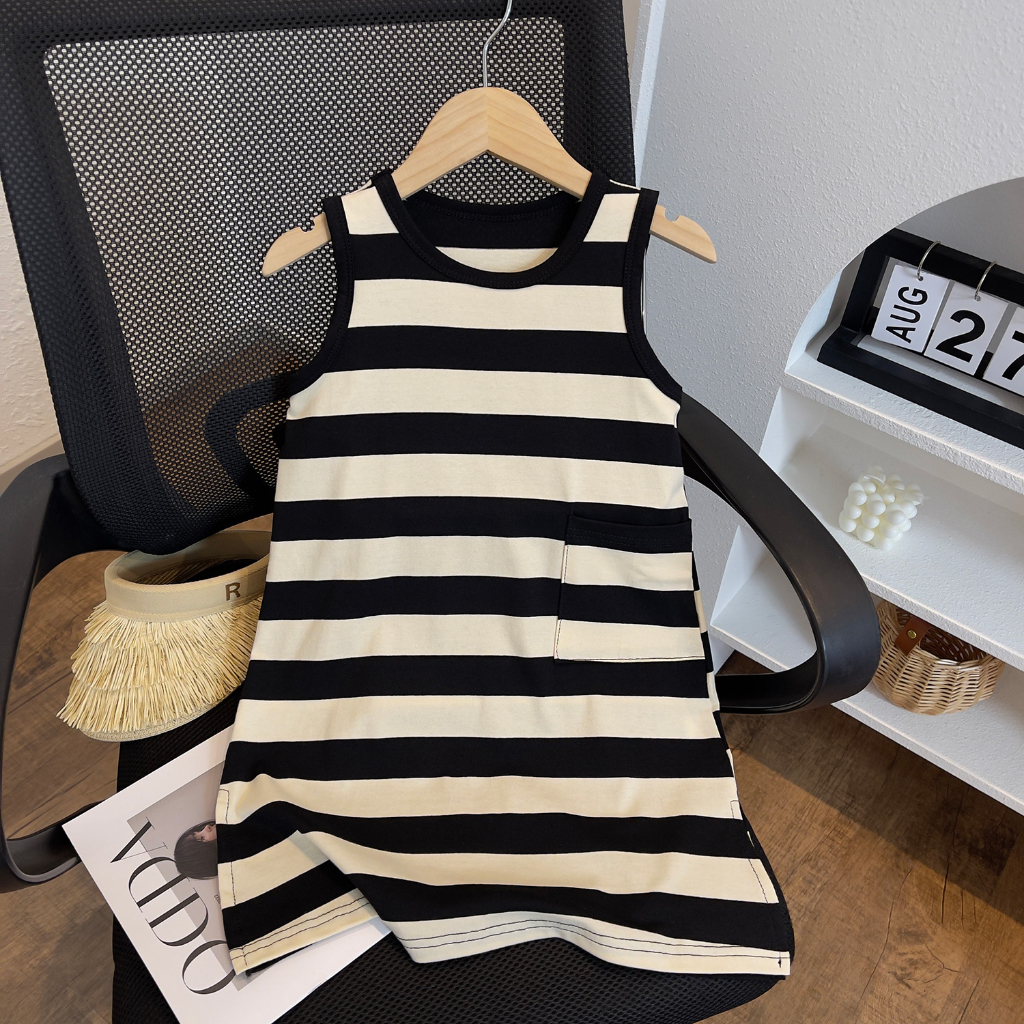 Đầm cotton Sát Nách Kẻ Sọc Thời Trang Mùa Hè Xinh Xắn Cho Bé Gái