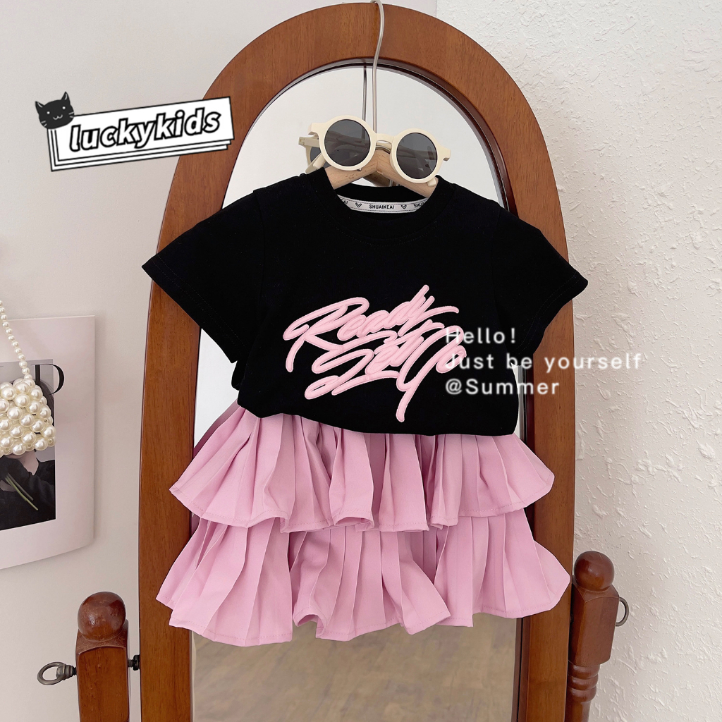 Thời Trang set Áo Thun Tay Ngắn & Quần short In Chữ Cho Bé Gái