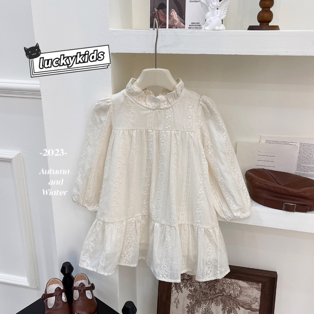 Đầm Công Chúa Tay Dài Thêu Ren Dễ Thương Cho Bé Gái