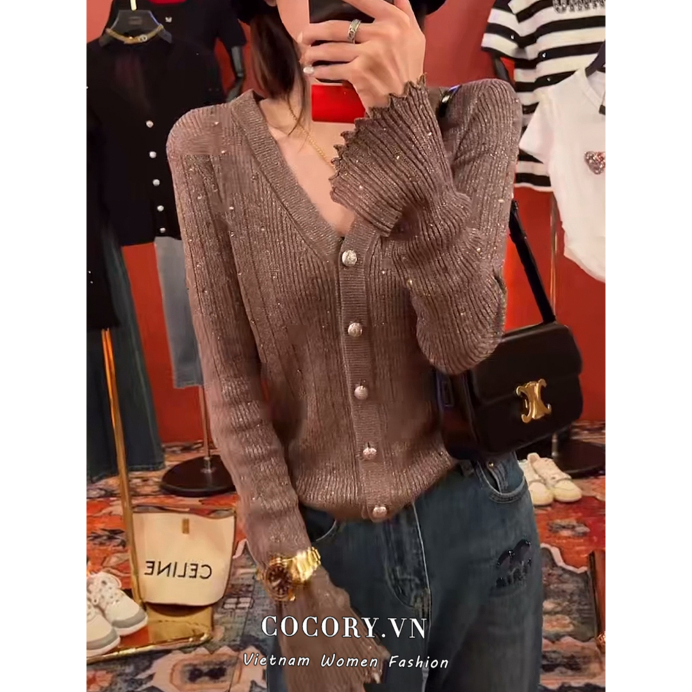 Cocory vn Áo Khoác cardigan Dệt Kim Tay Loe Dài Dáng Ôm Phong Cách Hàn Quốc Thời Trang Cho Nữ