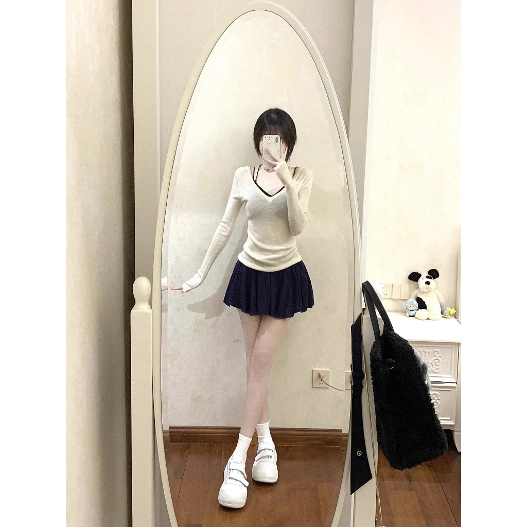 Ethelgirl Áo Thun Mỏng Tay Dài / Áo Hai Dây Cổ Chữ v Gợi Cảm Cho Nữ