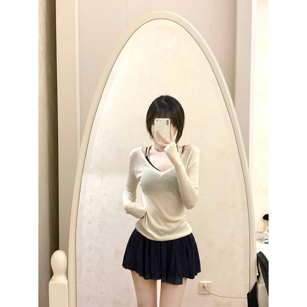 Ethelgirl Áo Thun Mỏng Tay Dài / Áo Hai Dây Cổ Chữ v Gợi Cảm Cho Nữ