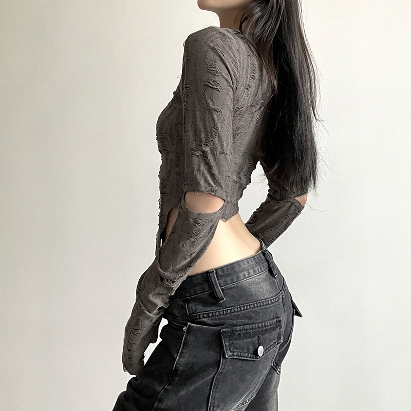Klalien Áo Croptop Tay Dài Thiết Kế Khoét Lỗ Đơn Giản Phong Cách vintage Cho Nữ Mới