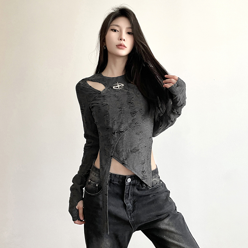 Klalien Áo Croptop Tay Dài Thiết Kế Khoét Lỗ Đơn Giản Phong Cách vintage Cho Nữ Mới