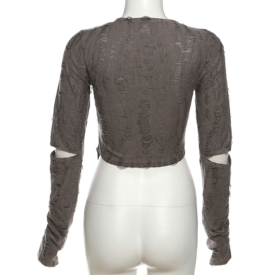 Klalien Áo Croptop Tay Dài Thiết Kế Khoét Lỗ Đơn Giản Phong Cách vintage Cho Nữ Mới
