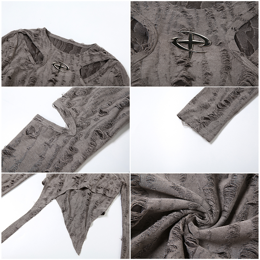Klalien Áo Croptop Tay Dài Thiết Kế Khoét Lỗ Đơn Giản Phong Cách vintage Cho Nữ Mới