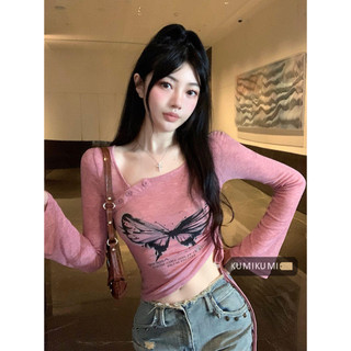 Kumikumi Áo Croptop Tay Dài Dáng Ôm In Họa Tiết Bướm Thời Trang Hàn Quốc Xinh Xắn Cho Nữ