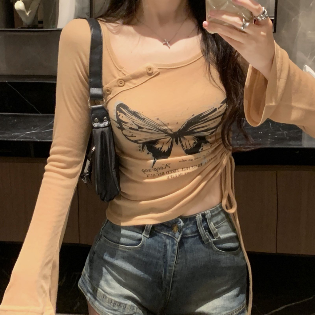 Kumikumi Áo Croptop Tay Dài Dáng Ôm In Họa Tiết Bướm Thời Trang Hàn Quốc Xinh Xắn Cho Nữ