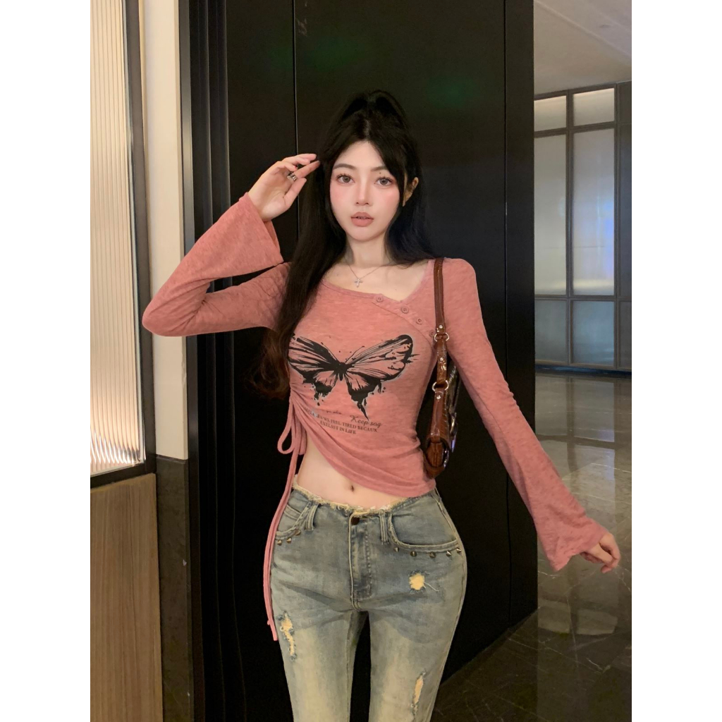 Kumikumi Áo Croptop Tay Dài Dáng Ôm In Họa Tiết Bướm Thời Trang Hàn Quốc Xinh Xắn Cho Nữ