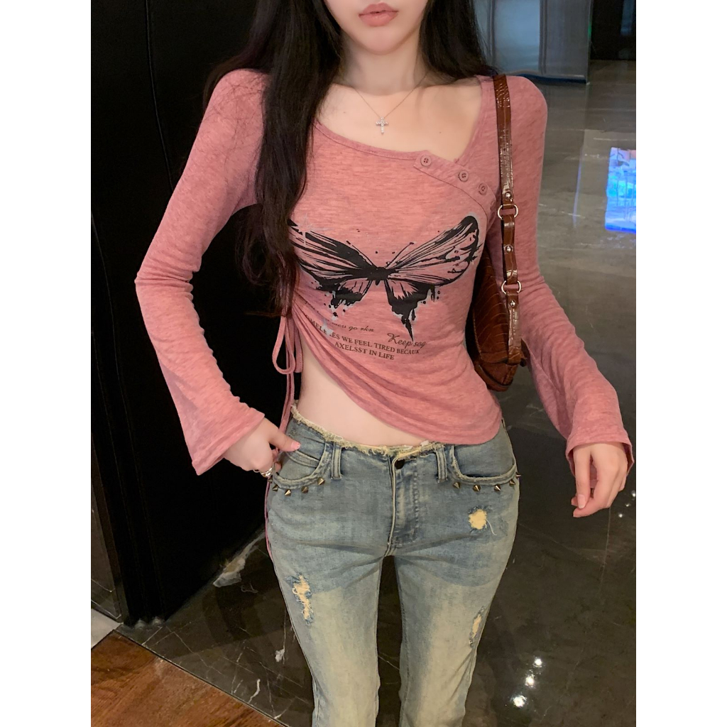 Kumikumi Áo Croptop Tay Dài Dáng Ôm In Họa Tiết Bướm Thời Trang Hàn Quốc Xinh Xắn Cho Nữ