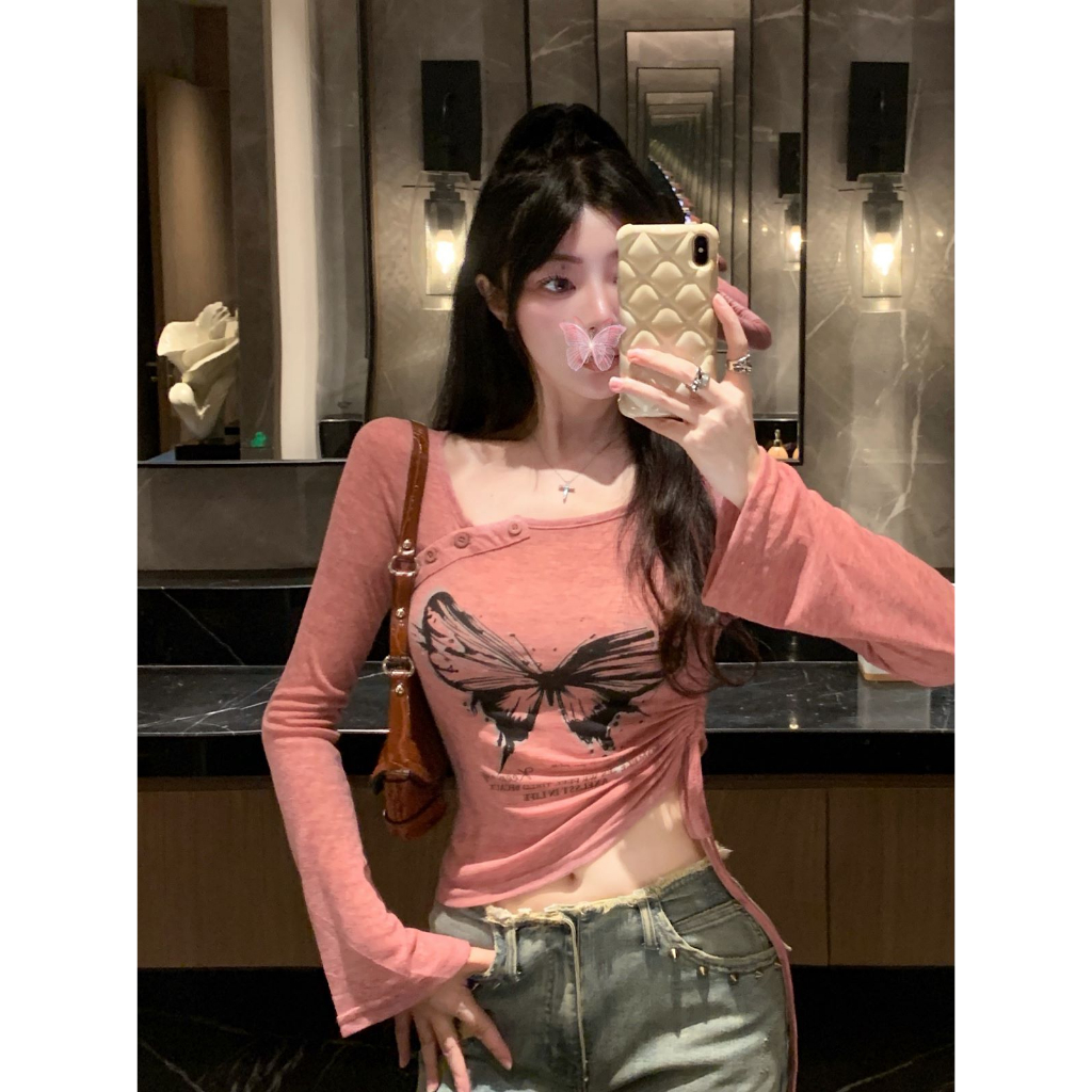 Kumikumi Áo Croptop Tay Dài Dáng Ôm In Họa Tiết Bướm Thời Trang Hàn Quốc Xinh Xắn Cho Nữ