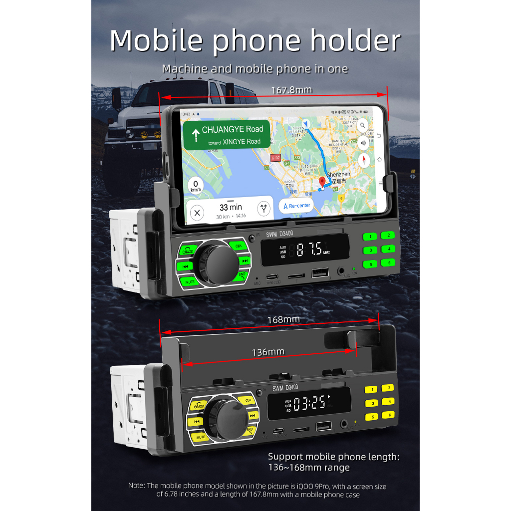 Máy Nghe Nhạc mp3 1 din bluetooth Tự Động Cho Xe Hơi Giá Đỡ