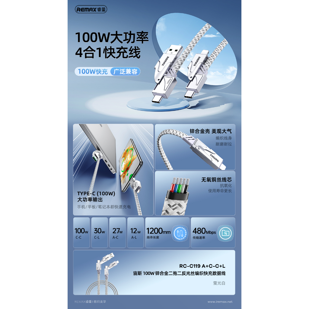 Remax Dây Cáp Sạc Nhanh 4 Trong 1 100w max rc-c119 1.2m