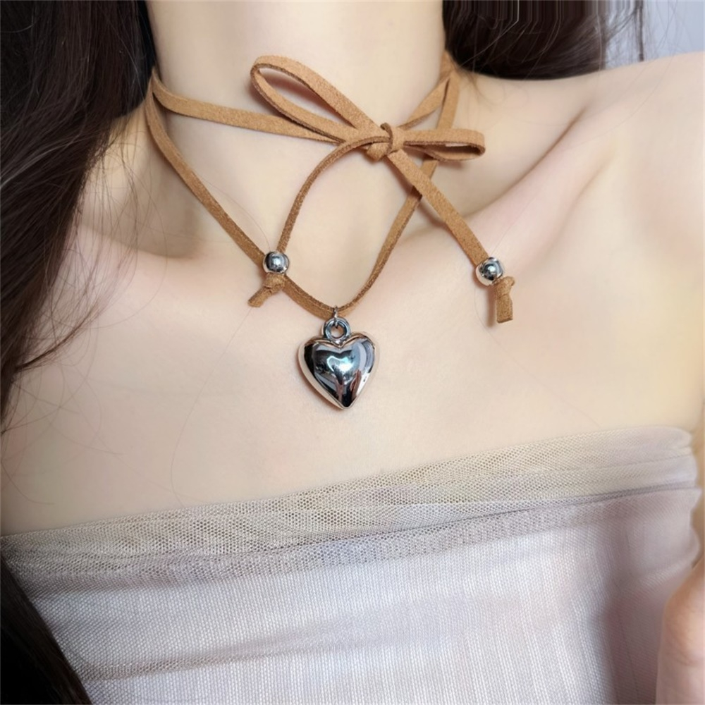 Vòng Cổ Choker Bằng Da Mặt Hình Trái Tim Thắt Nơ Phong Cách Hàn Quốc Dành Cho Nữ