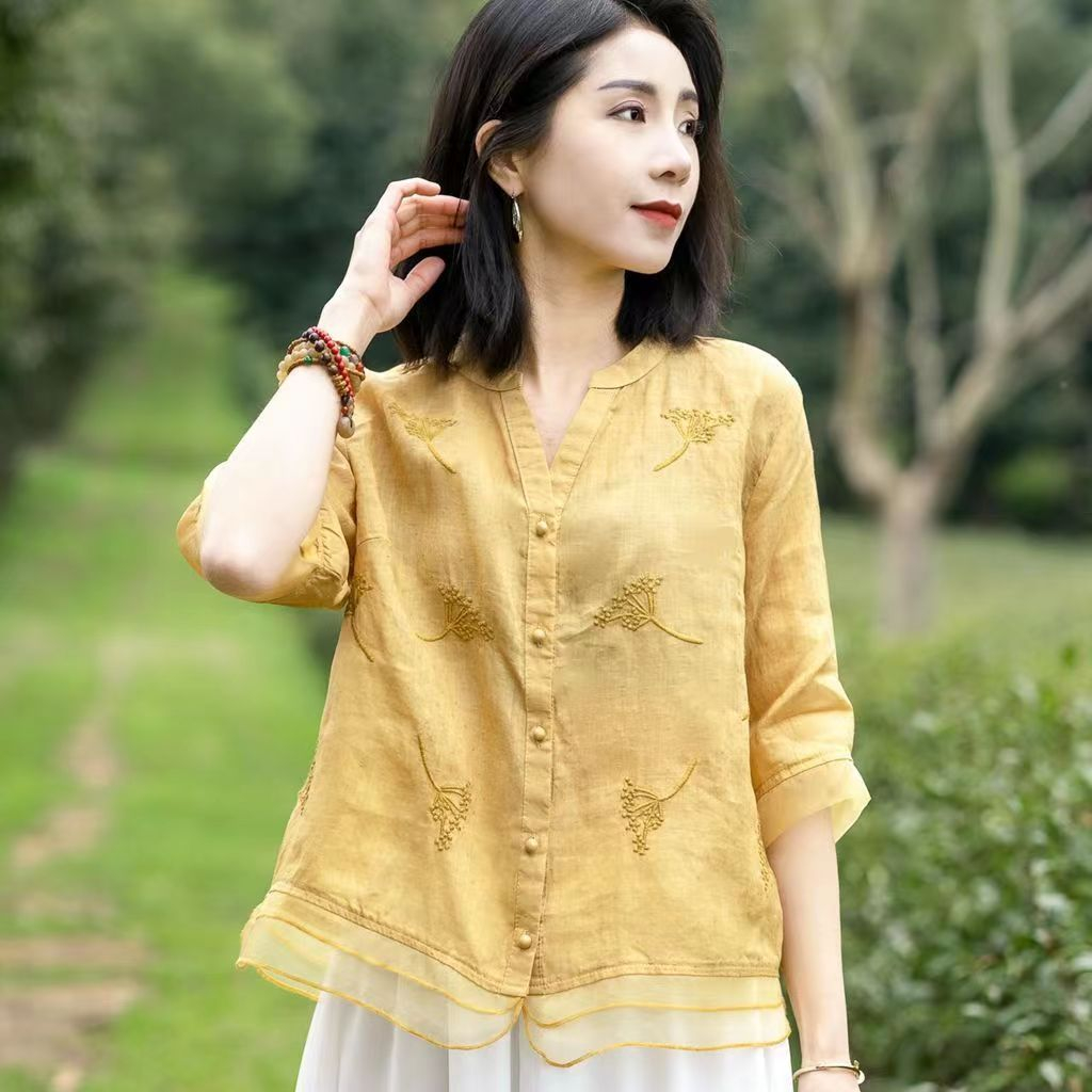 Áo Sơ Mi Vải Lanh cotton Mỏng Thêu Họa Tiết 13 Màu Tùy Chọn Thời Trang Mùa Hè Mới 2023 Cho Nữ