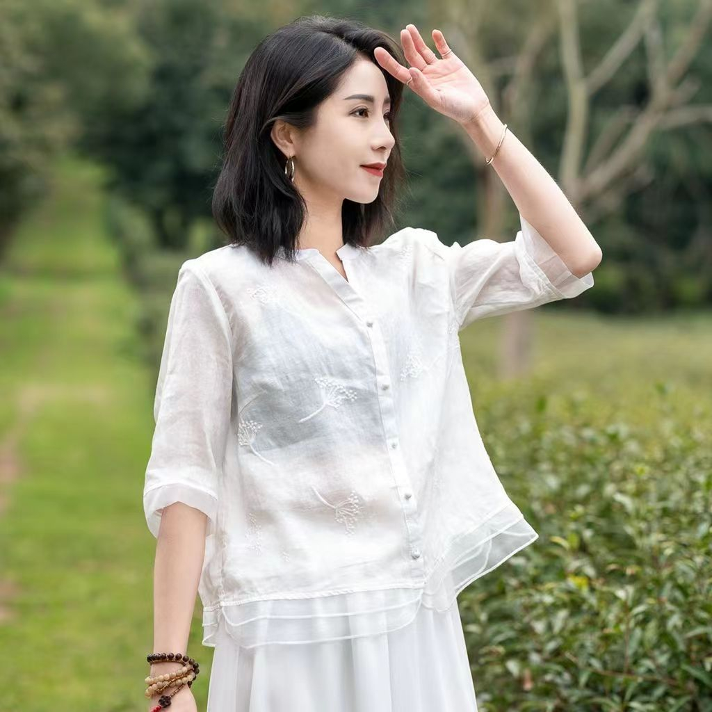 Áo Sơ Mi Vải Lanh cotton Mỏng Thêu Họa Tiết 13 Màu Tùy Chọn Thời Trang Mùa Hè Mới 2023 Cho Nữ
